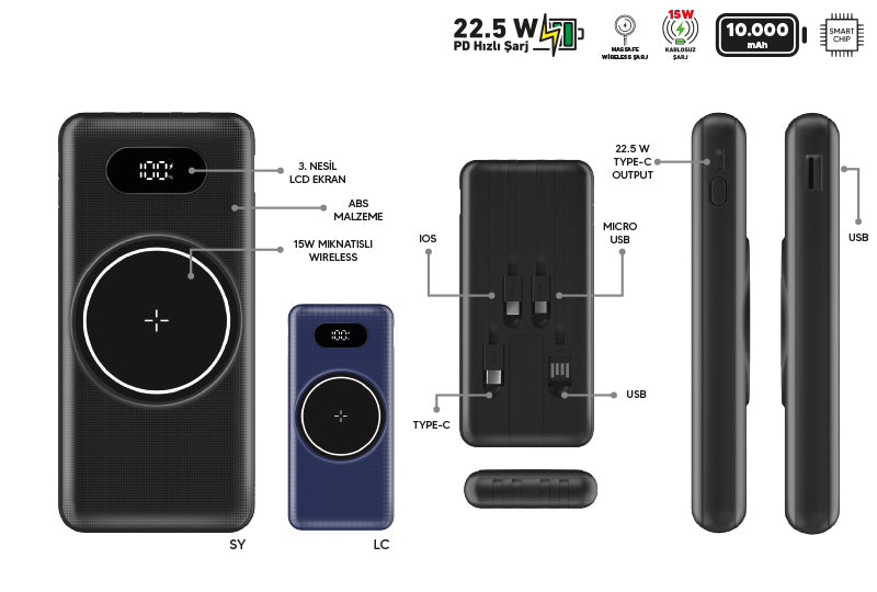 Polly Powerbank Siyah 10.000 Mah 22,5 Pd Hızlı Şarj 15,5W Magsafe